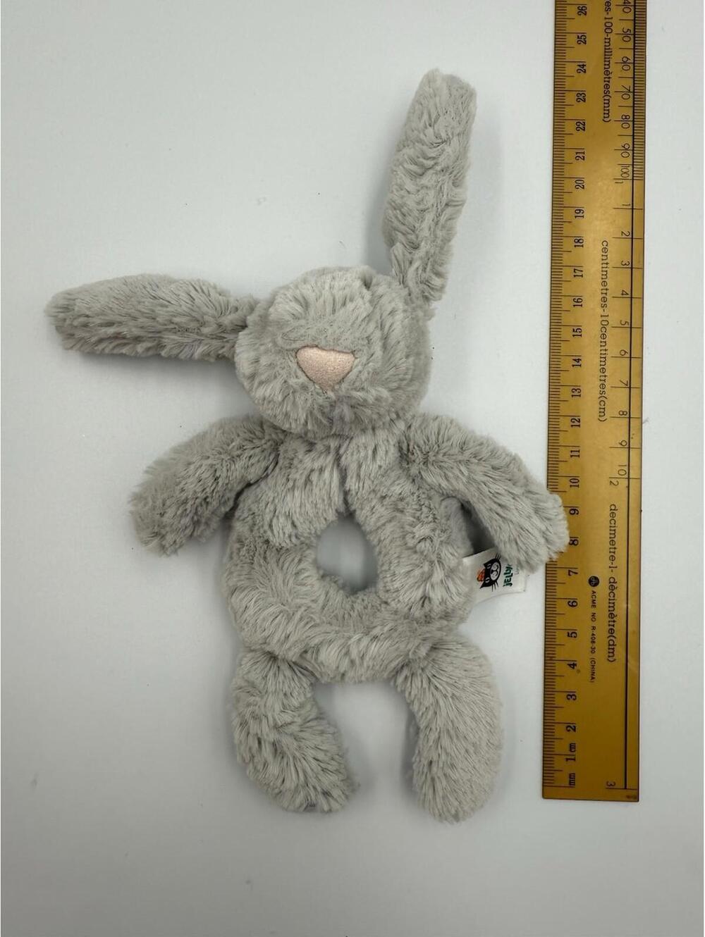 Jellycat Bashful Gray Bunny Rabbit Brown Rattle Ring Baby Soft Toy 7"
